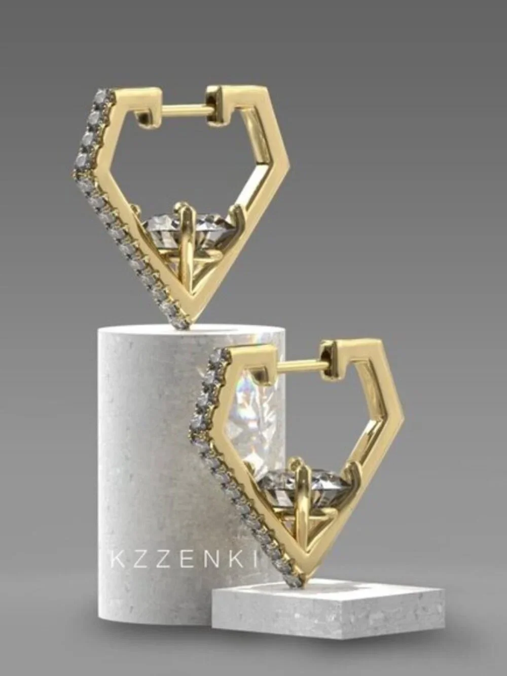 Women's 14K Gold Plated Diamond Shaped Huggie Hoop Earrings CZ Accents